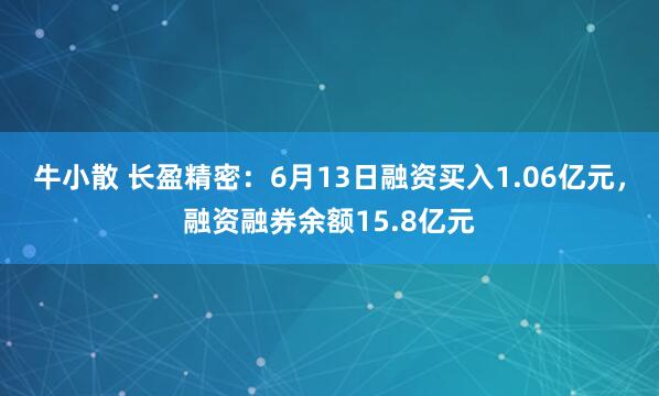 牛小散 长盈精密：6月13日融资买入1.06亿元，融资融券余额15.8亿元